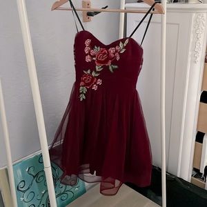 pink/red dress formal w/ embroidered rose strapless * WORN ONCE *